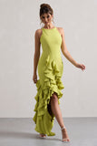 Sommer Lime Green Racer-Neck Ruffle Maxi Dress
