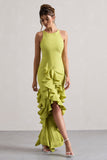 Sommer Lime Green Racer-Neck Ruffle Maxi Dress