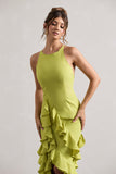 Sommer Lime Green Racer-Neck Ruffle Maxi Dress