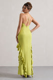 Sommer Lime Green Racer-Neck Ruffle Maxi Dress