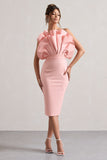 Oria Pink Ruffled Strapless Midi Dress