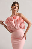 Oria Pink Ruffled Strapless Midi Dress