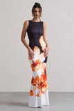 Micah Black & Orange Floral Print Racer-Neck Maxi Dress
