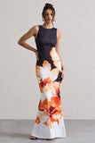 Micah Black & Orange Floral Print Racer-Neck Maxi Dress