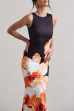 Micah Black & Orange Floral Print Racer-Neck Maxi Dress