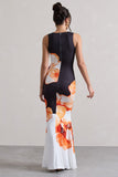 Micah Black & Orange Floral Print Racer-Neck Maxi Dress