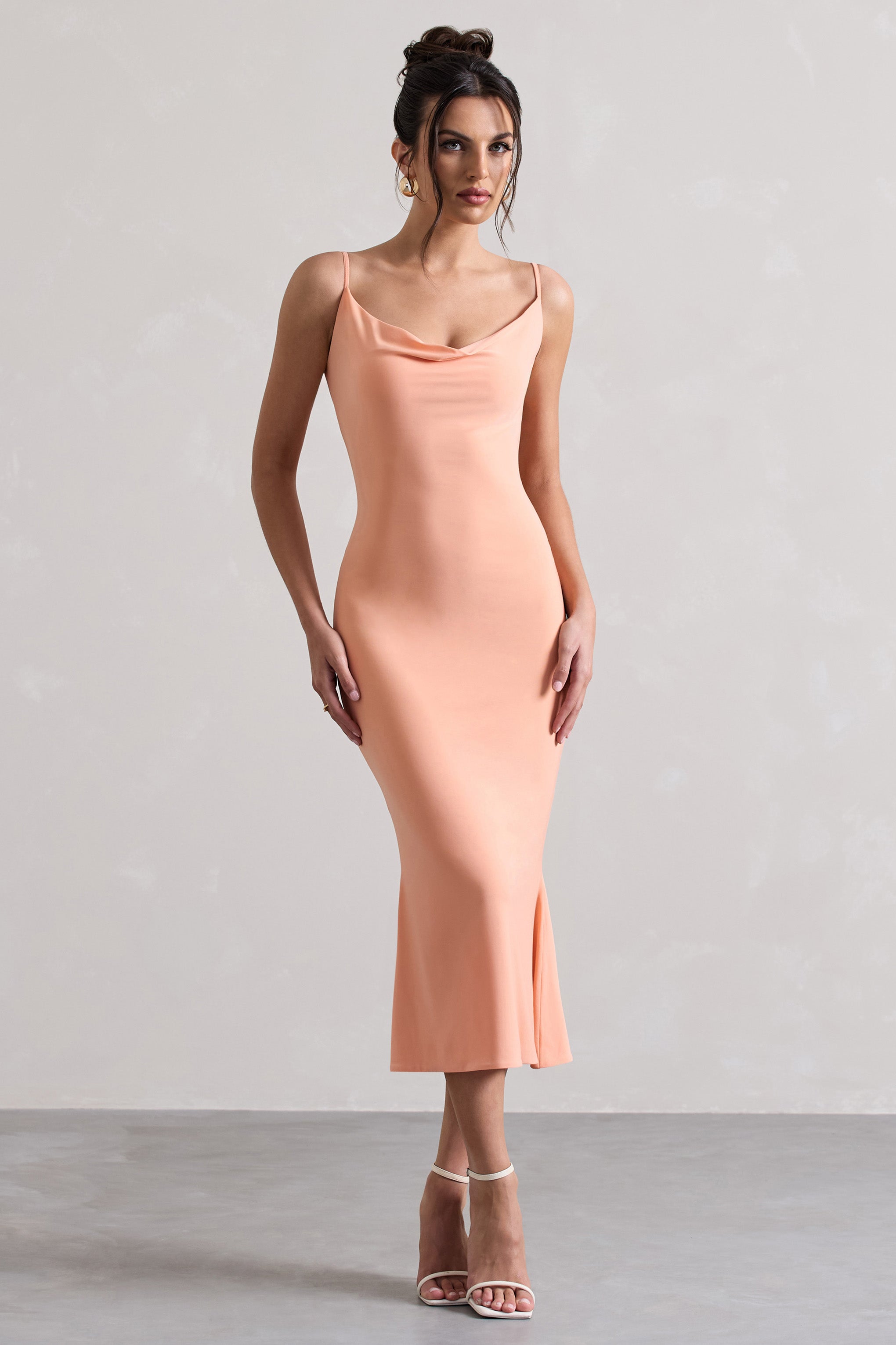 Addison Coral Cowl-Neck Open-Back Midi Dress With Lace