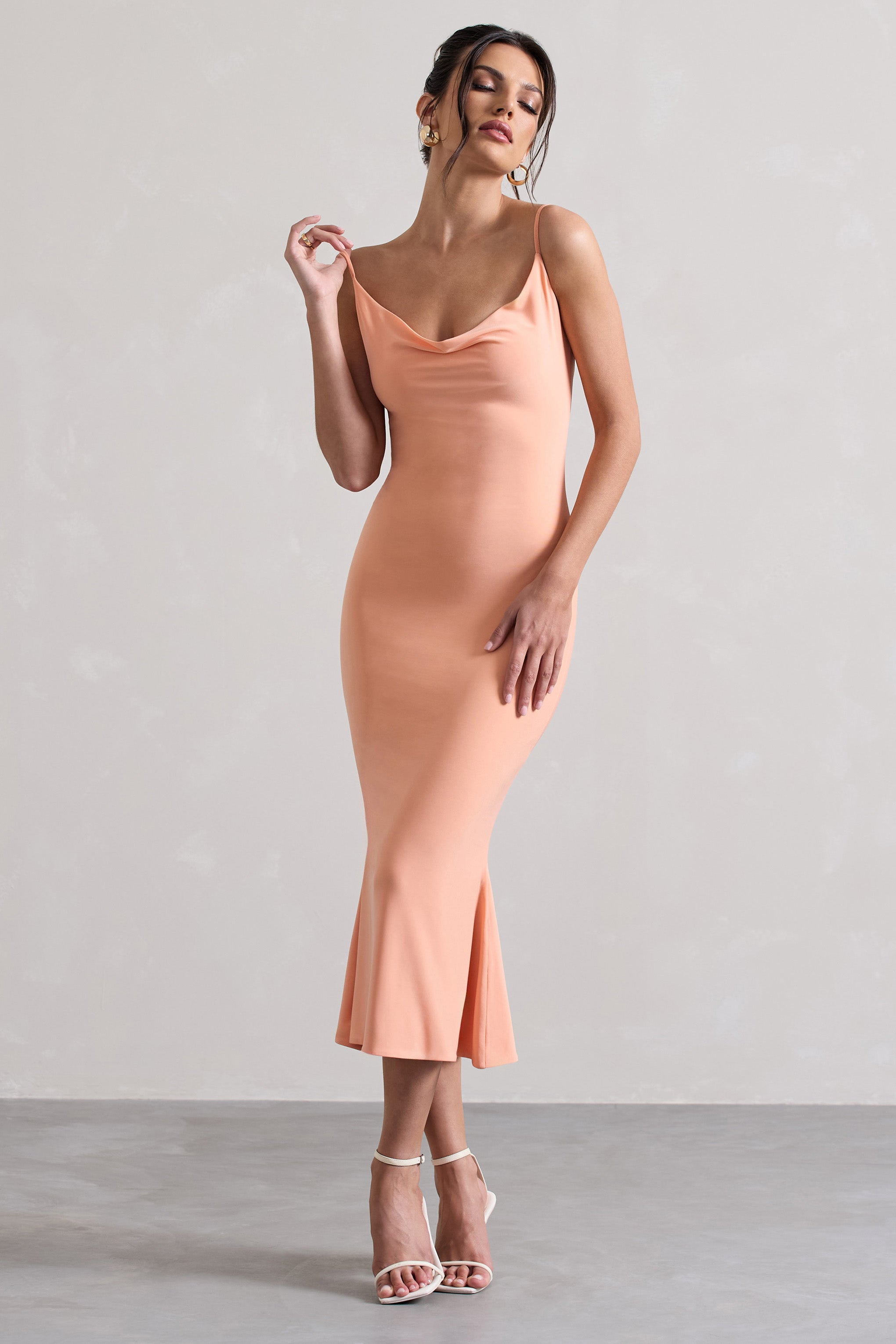 Addison Coral Cowl-Neck Open-Back Midi Dress With Lace