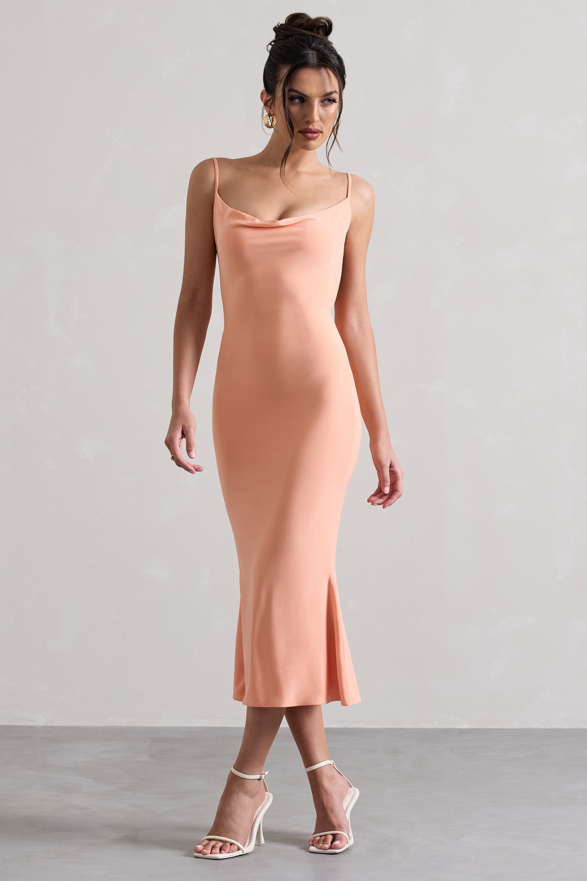 Addison Coral Cowl-Neck Open-Back Midi Dress With Lace