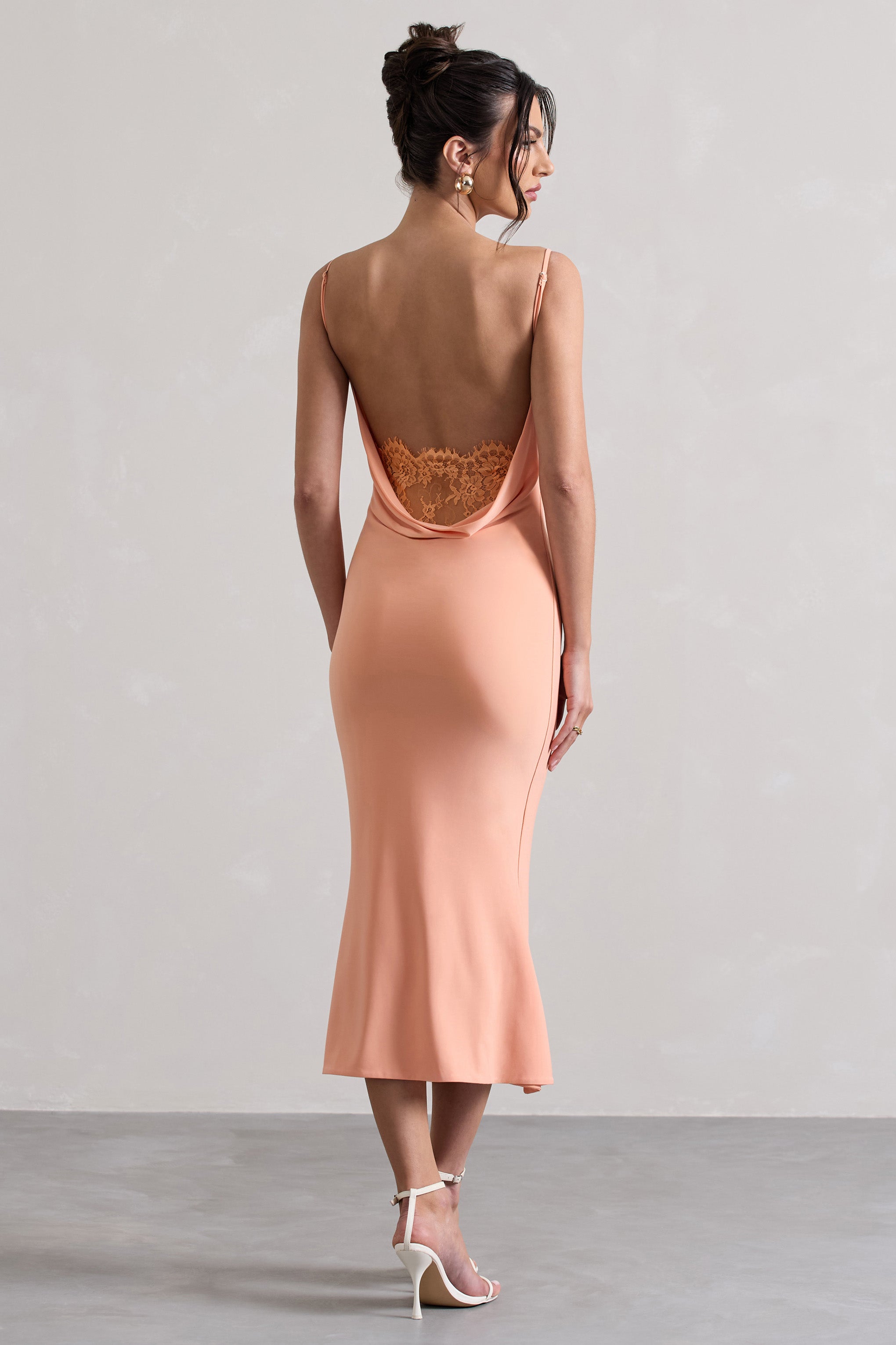 Addison Coral Cowl-Neck Open-Back Midi Dress With Lace