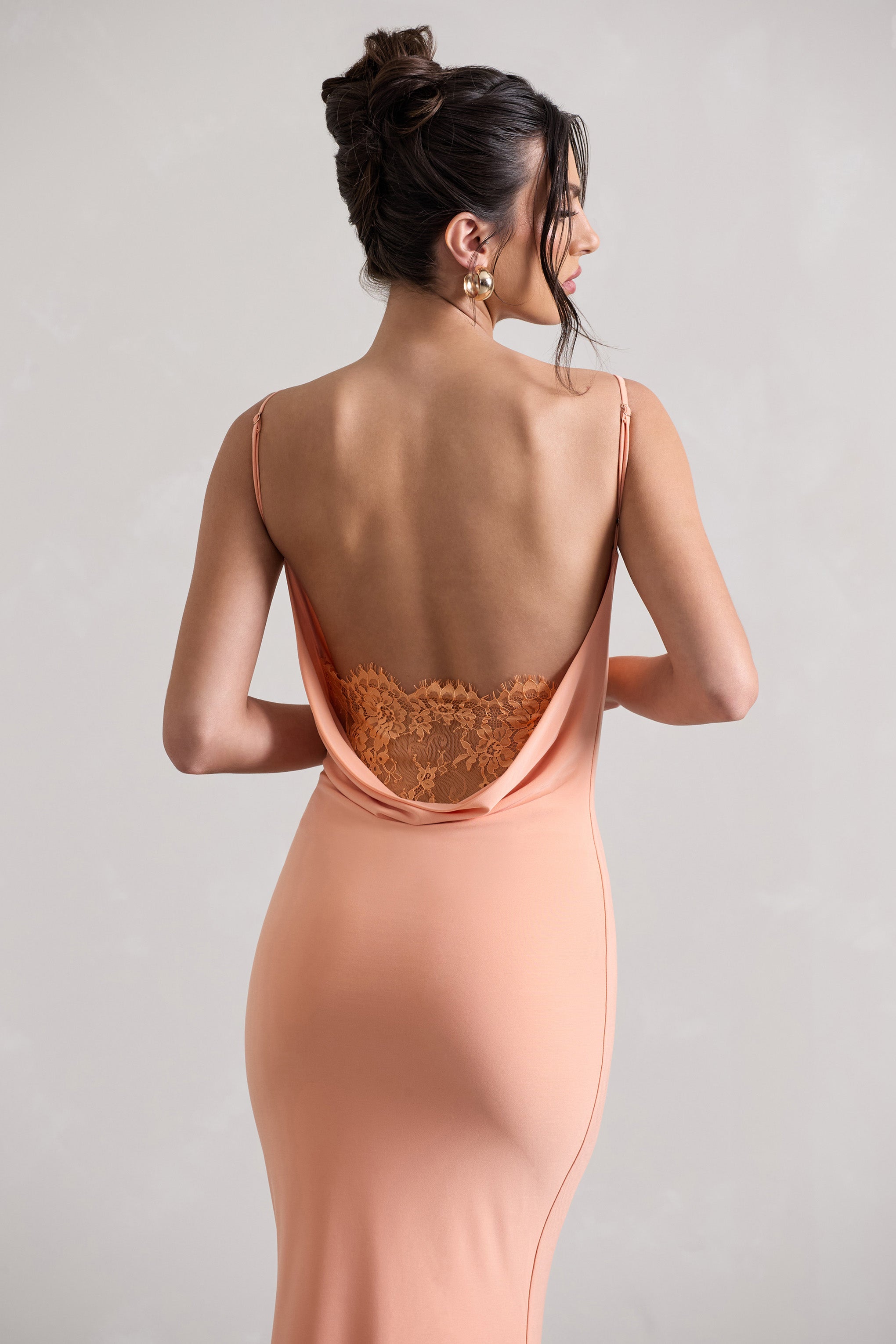 Addison Coral Cowl-Neck Open-Back Midi Dress With Lace