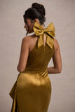 Janiya Mustard Velvet High-Neck Ruffled Split Maxi Dress