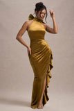 Janiya Mustard Velvet High-Neck Ruffled Split Maxi Dress
