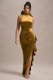 Janiya Mustard Velvet High-Neck Ruffled Split Maxi Dress