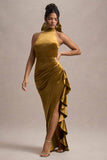 Janiya Mustard Velvet High-Neck Ruffled Split Maxi Dress