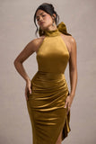 Janiya Mustard Velvet High-Neck Ruffled Split Maxi Dress