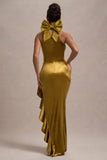 Janiya Mustard Velvet High-Neck Ruffled Split Maxi Dress