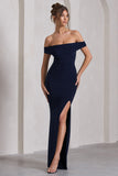 Law of Attraction Navy Bardot Draped Split Maxi Dress