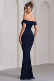 Law of Attraction Navy Bardot Draped Split Maxi Dress