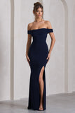 Law of Attraction Navy Bardot Draped Split Maxi Dress