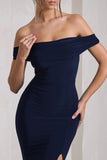 Law of Attraction Navy Bardot Draped Split Maxi Dress