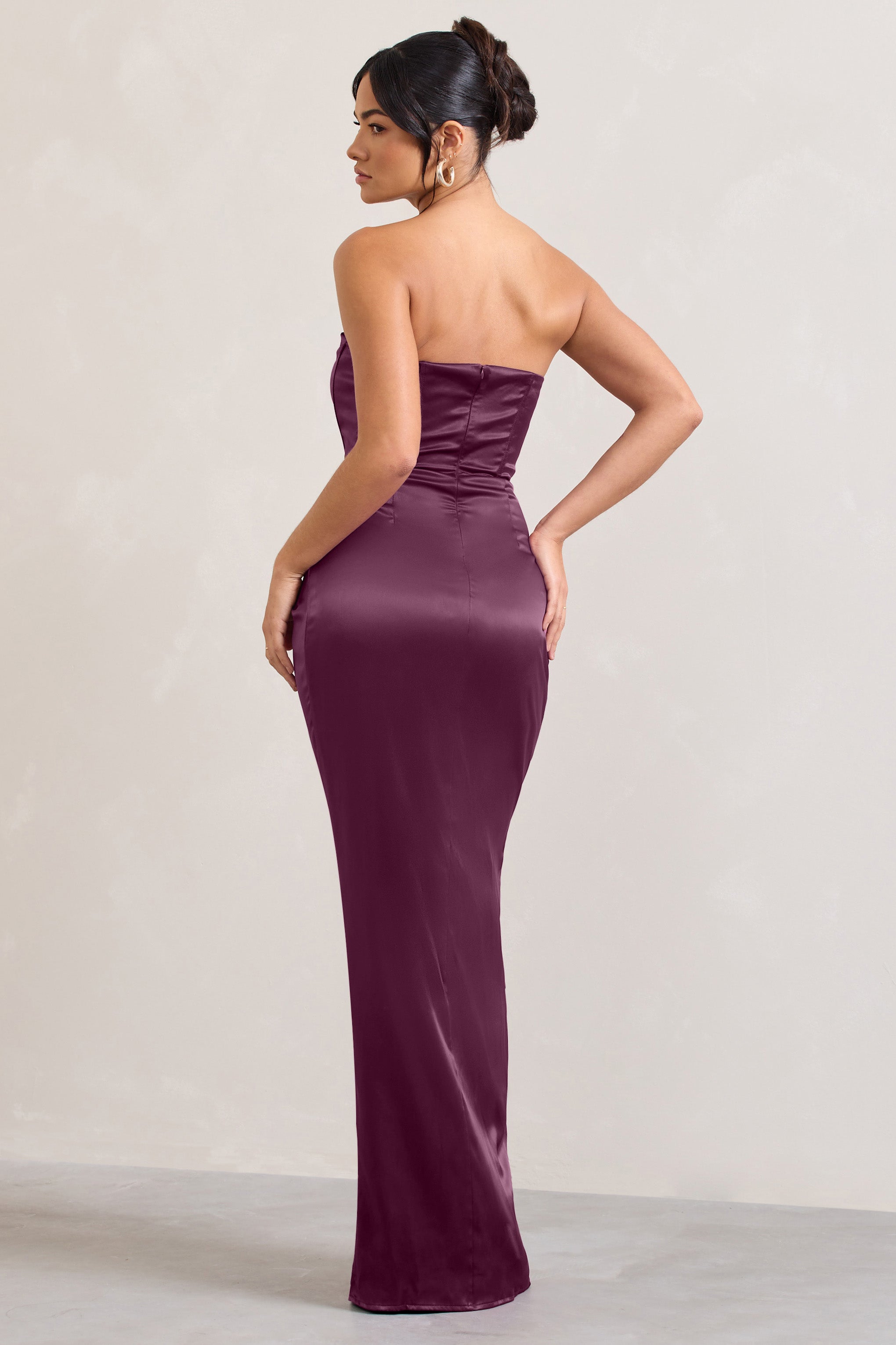 Romancing Burgundy Thigh Split Corset Strapless Maxi Dress
