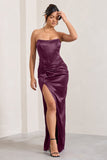 Romancing Burgundy Thigh Split Corset Strapless Maxi Dress