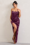 Romancing Burgundy Thigh Split Corset Strapless Maxi Dress