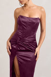 Romancing Burgundy Thigh Split Corset Strapless Maxi Dress