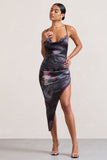 Risk It All Marble Print Satin Cami Cowl Neck Asymmetric Hem Dress