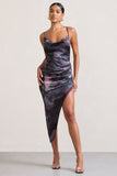 Risk It All Marble Print Satin Cami Cowl Neck Asymmetric Hem Dress