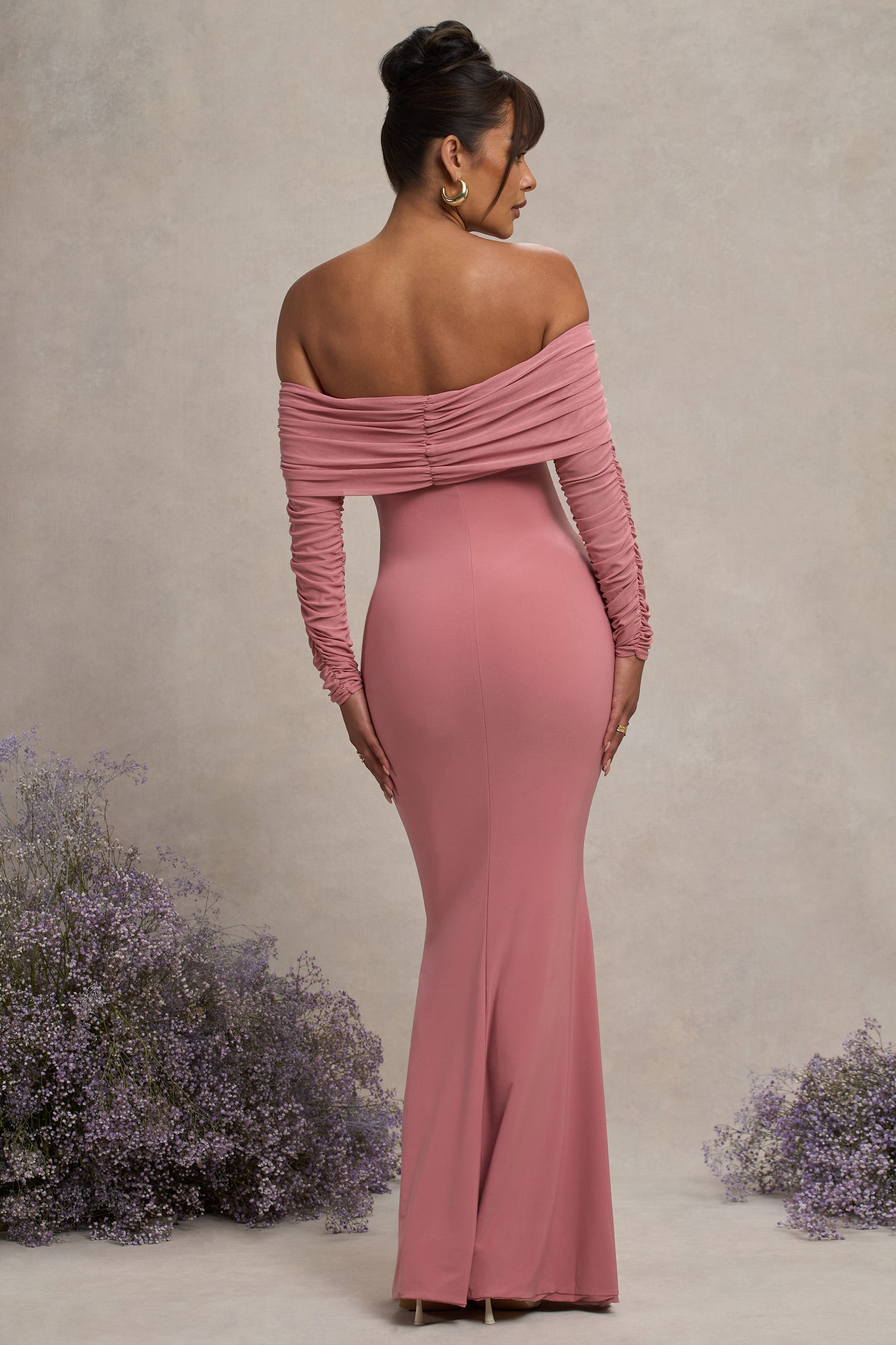 Pretty Perfect Blush Pink Maternity Ruched Mesh Bardot Maxi Dress