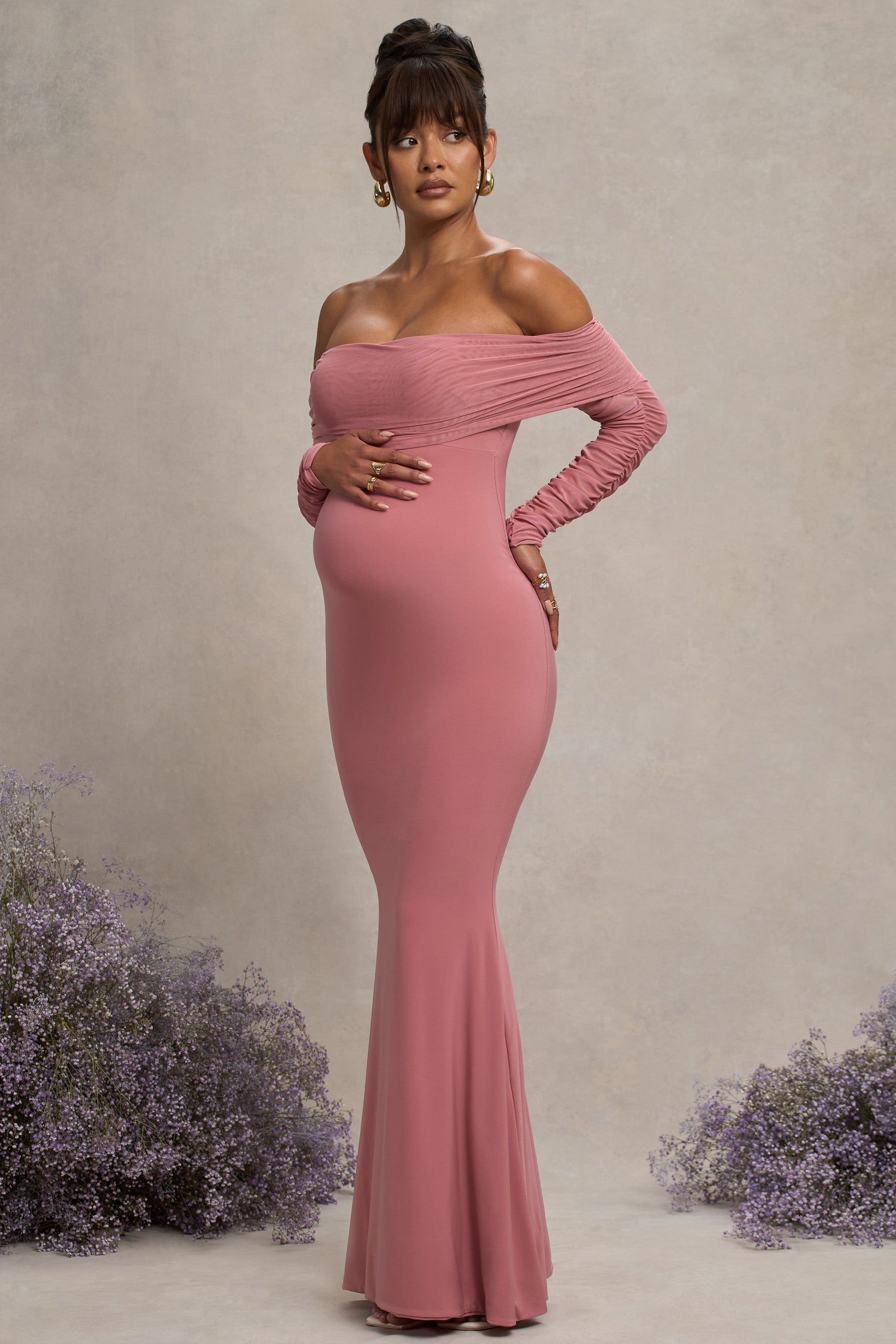 Pretty Perfect Blush Pink Maternity Ruched Mesh Bardot Maxi Dress