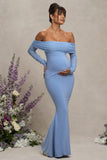 Pretty Perfect Powder Blue Maternity Ruched Mesh Bardot Maxi Dress
