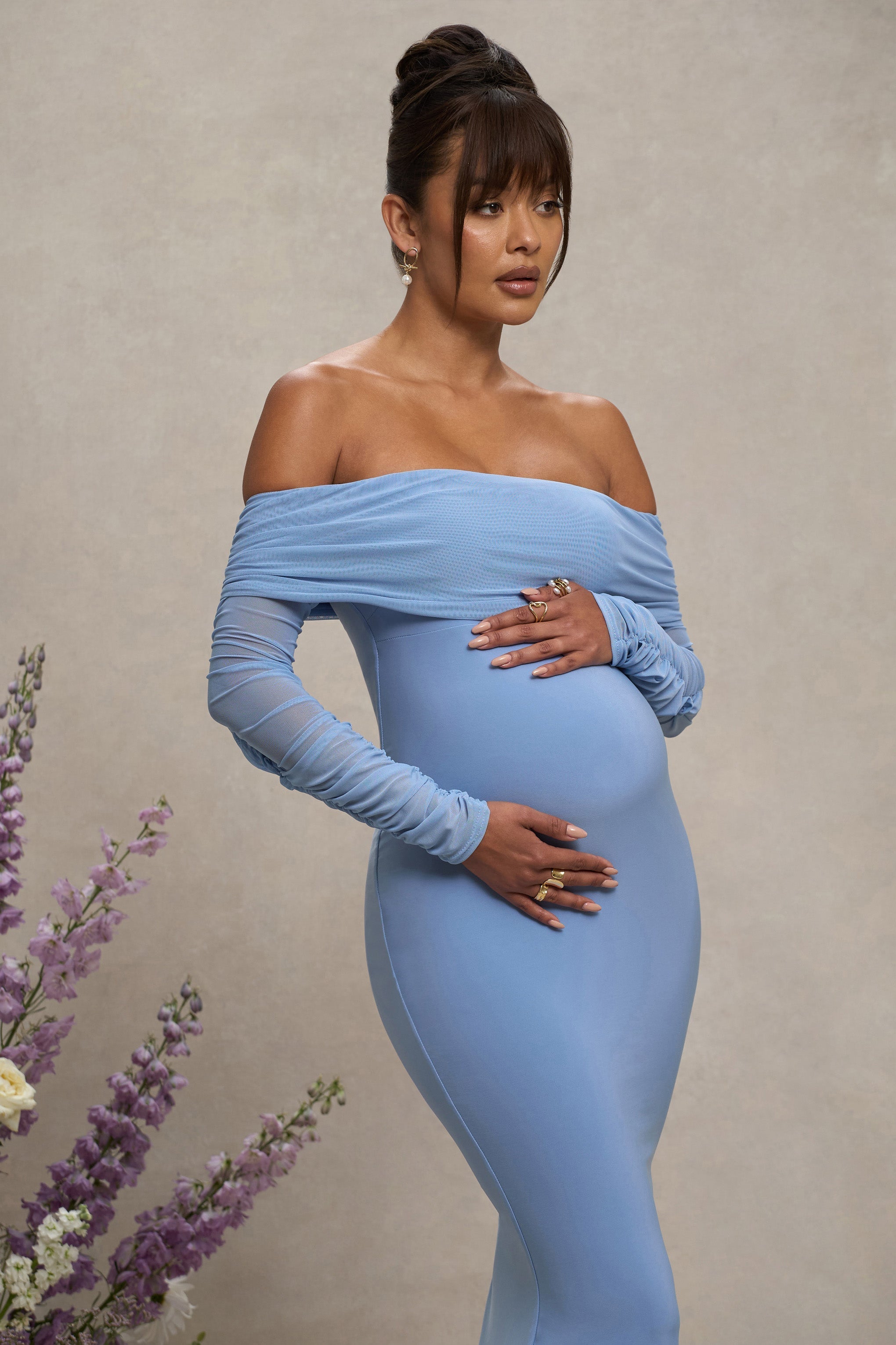 Pretty Perfect Powder Blue Maternity Ruched Mesh Bardot Maxi Dress