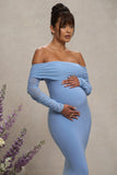 Pretty Perfect Powder Blue Maternity Ruched Mesh Bardot Maxi Dress