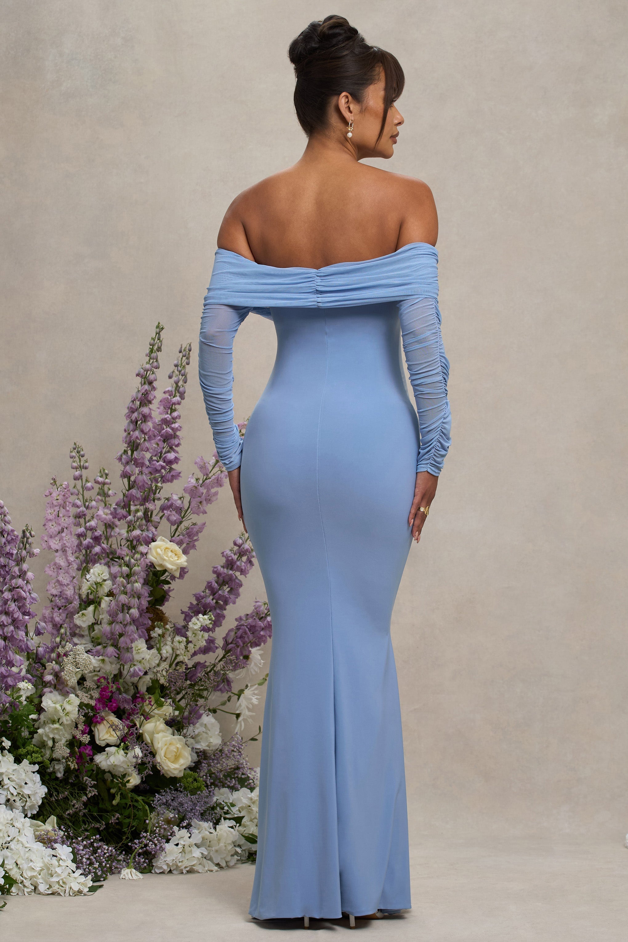Pretty Perfect Powder Blue Maternity Ruched Mesh Bardot Maxi Dress