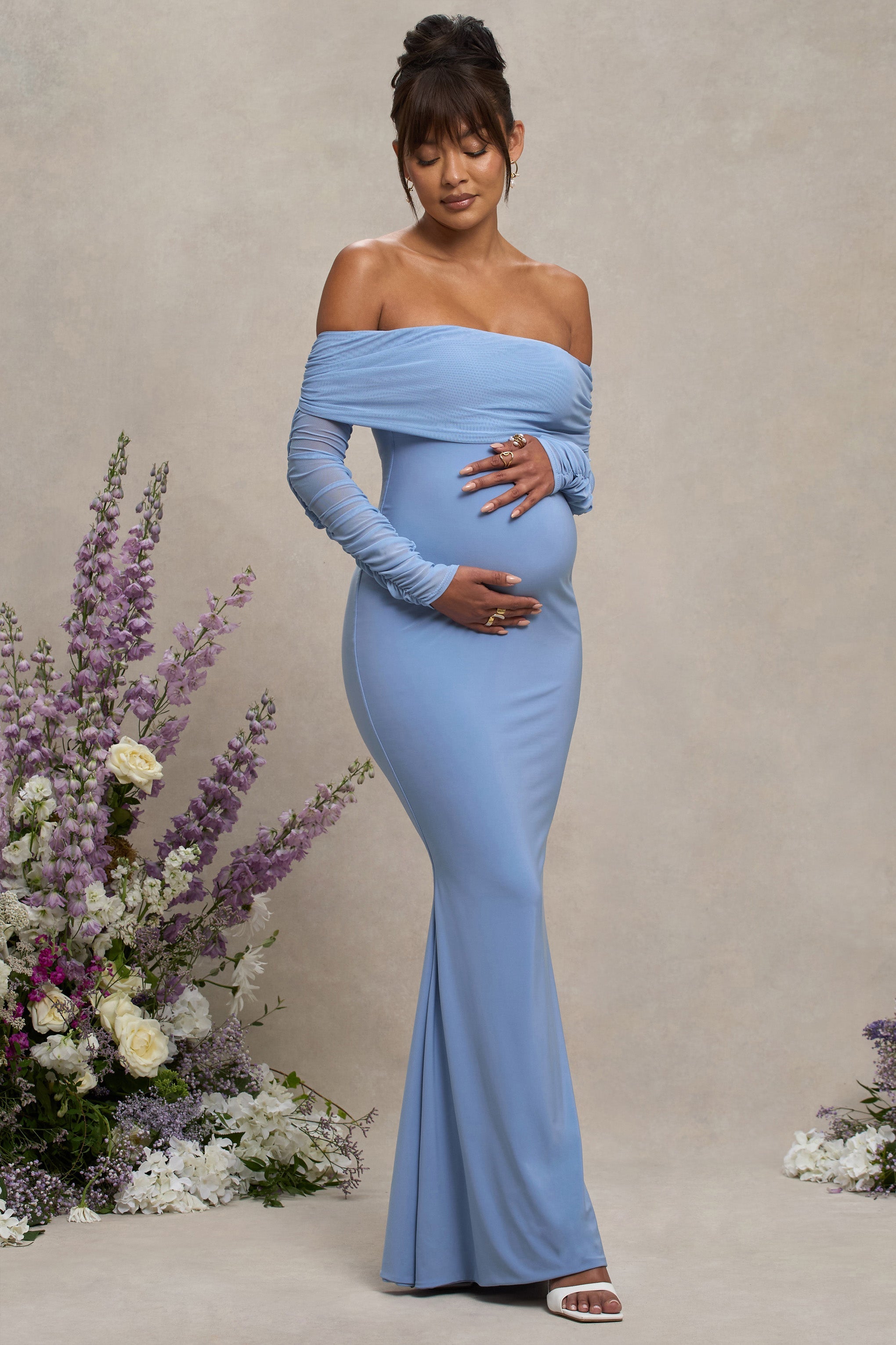 Pretty Perfect Powder Blue Maternity Ruched Mesh Bardot Maxi Dress