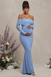 Pretty Perfect Powder Blue Maternity Ruched Mesh Bardot Maxi Dress