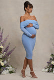 Patiently Waiting Powder Blue Maternity Ruched Mesh Bardot Midi Dress