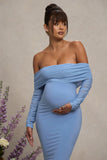 Patiently Waiting Powder Blue Maternity Ruched Mesh Bardot Midi Dress