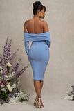 Patiently Waiting Powder Blue Maternity Ruched Mesh Bardot Midi Dress