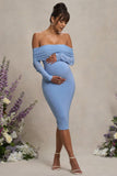 Patiently Waiting Powder Blue Maternity Ruched Mesh Bardot Midi Dress