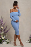 Patiently Waiting Powder Blue Maternity Ruched Mesh Bardot Midi Dress
