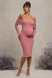 Patiently Waiting Blush Pink Maternity Ruched Mesh Bardot Midi Dress