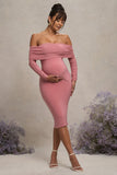Patiently Waiting Blush Pink Maternity Ruched Mesh Bardot Midi Dress