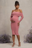 Patiently Waiting Blush Pink Maternity Ruched Mesh Bardot Midi Dress