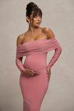 Patiently Waiting Blush Pink Maternity Ruched Mesh Bardot Midi Dress