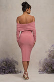 Patiently Waiting Blush Pink Maternity Ruched Mesh Bardot Midi Dress