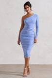 In The Shadows Coastline Blue One Sleeve Midi Dress With Ruching